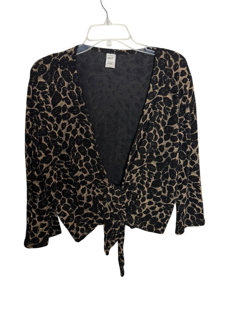 Leopard Print Shimmer Tie-Front Cardigan Top Black Tan Glam - Picture 2 of 6